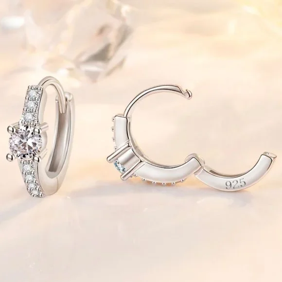 925 Sterling Silver Diamond Huggie Earrings Minimalist Small Hoop Earrings - Picture 5 of 5